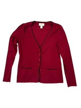 Ann Taylor LOFT Red Black Trim V-Neck Cardigan Sweater Size Small